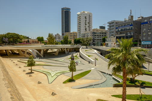 Nikosia, Cyprus - 16 May 2021: Cityscape of Nicosia eleftheria square with modern futuristic architecture. Cyprus