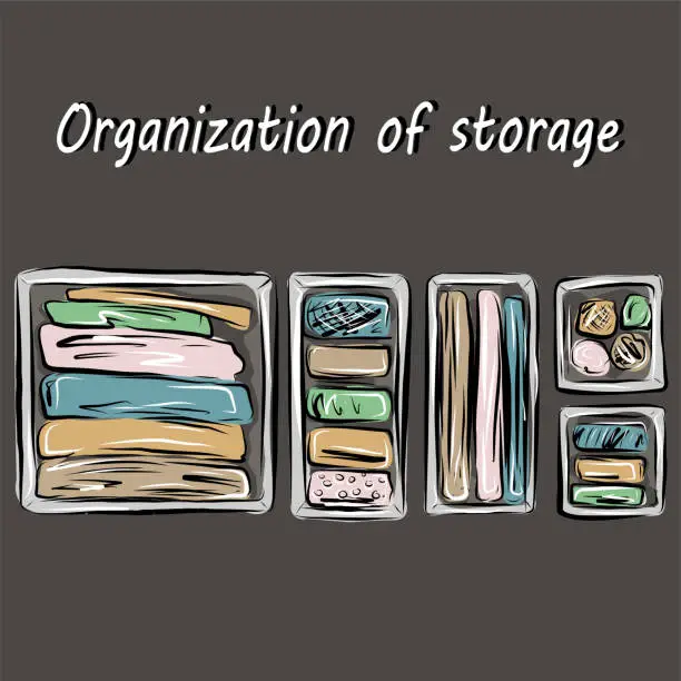 Vector illustration of Organization of space, basic wardrobe. Before and after. Organizers for storing things. Clutter, order. Minimalism. Comfort, furniture. Isolated vector objects.