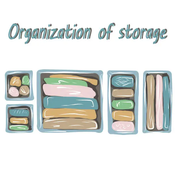 Vector illustration of Organization of space, basic wardrobe. Before and after. Organizers for storing things. Clutter, order. Minimalism. Comfort, furniture. Isolated vector objects.