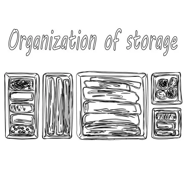 Vector illustration of Organization of space, basic wardrobe. Before and after. Organizers for storing things. Clutter, order. Minimalism. Comfort, furniture. Isolated vector objects.