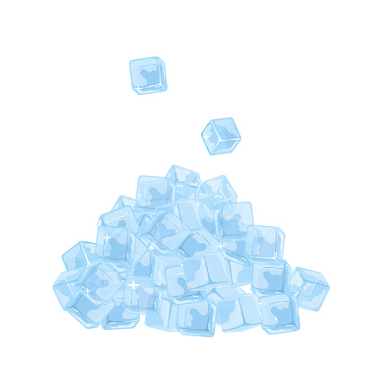 Hill of ice cubes with highlights vector set on a white background in cartoon style. Ice for refreshing drinks