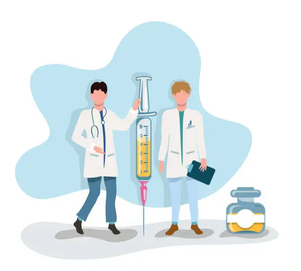 Vector illustration of Flat vector illustration of doctor with syringe and bottle medicine