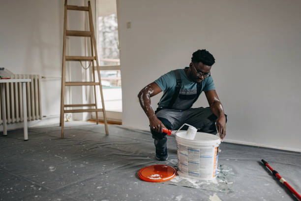 African-American professional painter paints the wall indoors stock photo