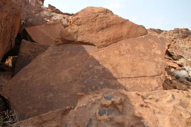 The rock paintings nearby the spring Twyfelfontein  (Area of Damara Land))  are thousands of years old and very impressive. You can see a lot different rock paintings, animals and representations of people (anthropomorphic, Adam & Eve).