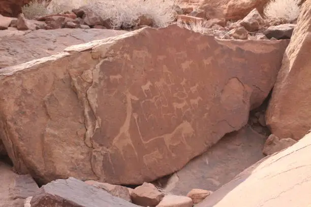 The rock paintings nearby the spring Twyfelfontein  (Area of Damara Land))  are thousands of years old and very impressive. You can see a lot different rock paintings, animals and representations of people (anthropomorphic, Adam & Eve).