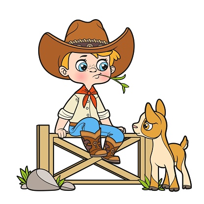 Cute cartoon boy cowboy in hat sits on the fence and looks at the goat nearby color variation for coloring page on white background