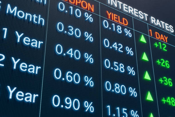 aumento de las tasas de interés. cupones de bonos, rendimientos y cambios positivos en los puntos básicos. - interest rate fotografías e imágenes de stock