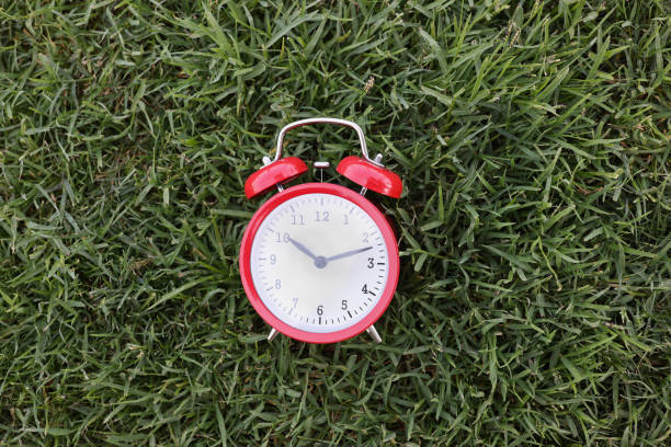 The red alarm clock lies on the uncut green grass, close-up. Vacation season concept, crop sowing time, spring