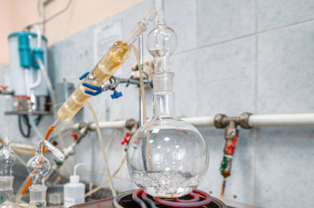istock Process of alcohol distillation with glassware and heater 1372523586