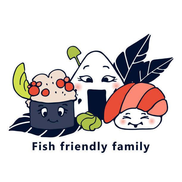 Cute kawaii Sushi family, rolls. Print I love sushi. Vector corporate identity of the restaurant, sushi bar, menu. Japanese food with emotions, cartoon style. Kawai illustration. All elements are isolated. Colored vector seamless pattern. Various kawaii Sushi family, rolls, nigiri. Vector logo, corporate identity of the restaurant, sushi bar, menu. Hand drawn colored Vector set. Japanese cartoon style. All elements are isolated cartoon of the sushi plate stock illustrations