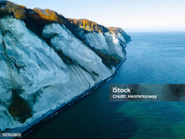 Iconic Møns Klint In Denmark On A Sunny Autumns Day White Chalk Cliffs On The Baltic Coast Aerial Photo Stock Photo - Download Image Now