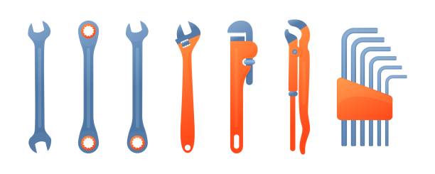 Vector illustration various wrench spanners isolated on white background. Set of steel wrench icons in flat cartoon style. Metallic mechanic, plumber or engineer key tools. Alen wrench. Hexagon tools. Vector illustration various wrench spanners isolated on white background. Set of steel wrench icons in flat cartoon style. Metallic mechanic, plumber or engineer key tools. Alen wrench. Hexagon tools. hand wrench stock illustrations