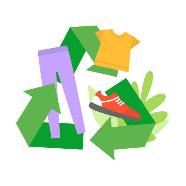 Clothing recycling concept. A large green recycling sign with clothes on a background of plants Clothing recycling concept. A large green recycling sign with clothes on a background of plants. Flat vector illustration isolated on white background in cartoon style t shirt transfer stock illustrations
