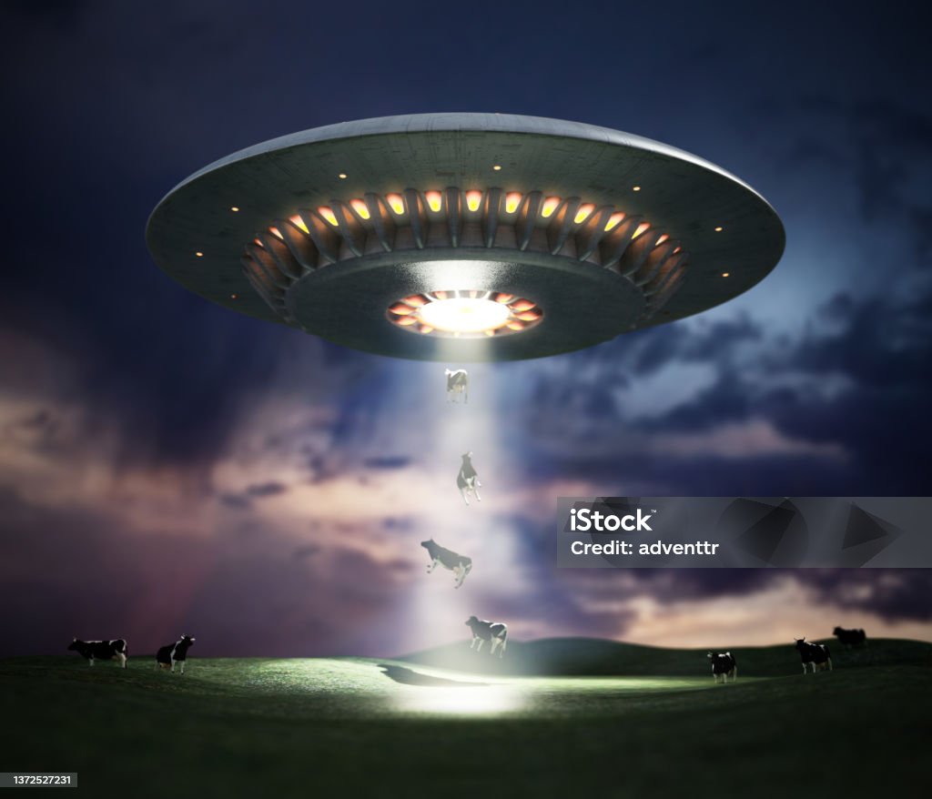 3D illustration of retro UFO hovering in the sky using a tractor beam on the cows 3D illustration of retro UFO hovering in the sky using a tractor beam on the cows. UFO Stock Photo