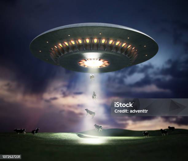 3d Illustration Of Retro Ufo Hovering In The Sky Using A Tractor Beam On The Cows Stock Photo - Download Image Now