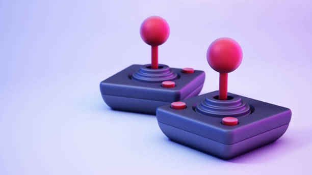 illustrazione 3d di due joystick retrò illuminati con luci blu e viola - video game joystick leisure games control foto e immagini stock