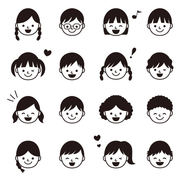 zestaw czarno-białych ikon twarzy dzieci - human face child little boys human head stock illustrations