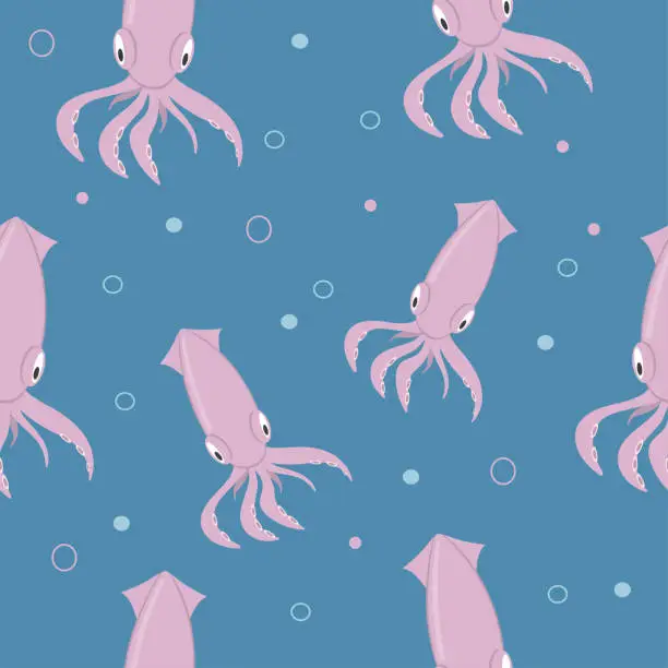 Vector illustration of Seamless pattern with pink squid and bubbles