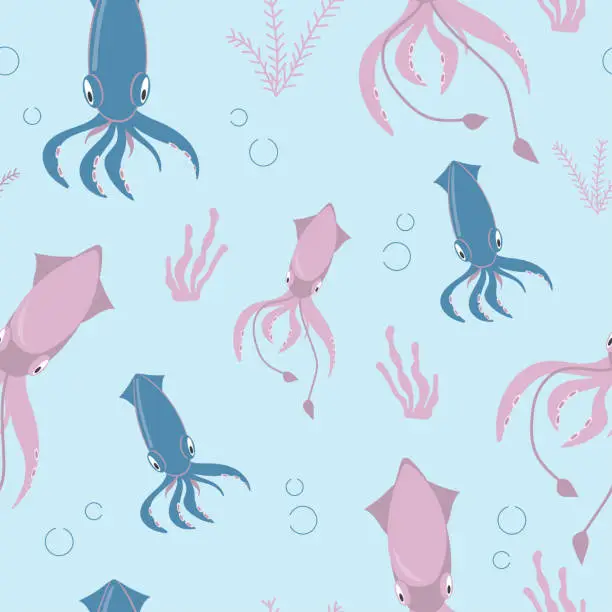 Vector illustration of Seamless pattern with pink and blue squid