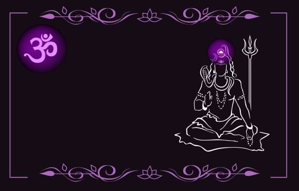 ilustraciones, imágenes clip art, dibujos animados e iconos de stock de shiva, dios hindú, con tridente. chakra de la corona sahasrara brillante, símbolo om, marco de loto. diseño vectorial dibujado a mano - shiva