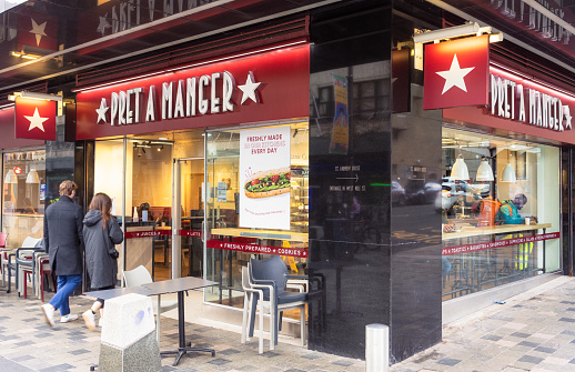 Glasgow, Scotland - People walking into a Pret A Manger cafe in Glasgow's city centre.