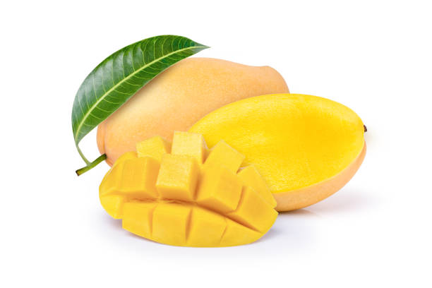 istock yellow ripe mango with green leaf on white 1372535566
