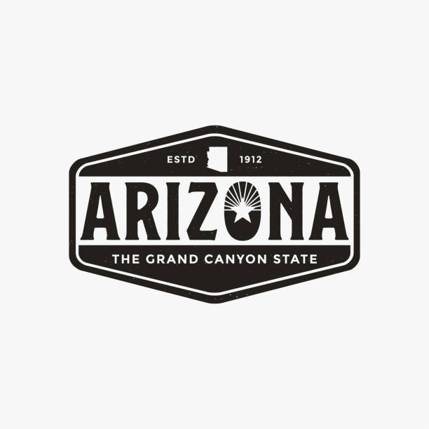 vintage retro arizona schild logo vektor mit arizona karte auf weißem hintergrund - grand canyon stock-grafiken, -clipart, -cartoons und -symbole