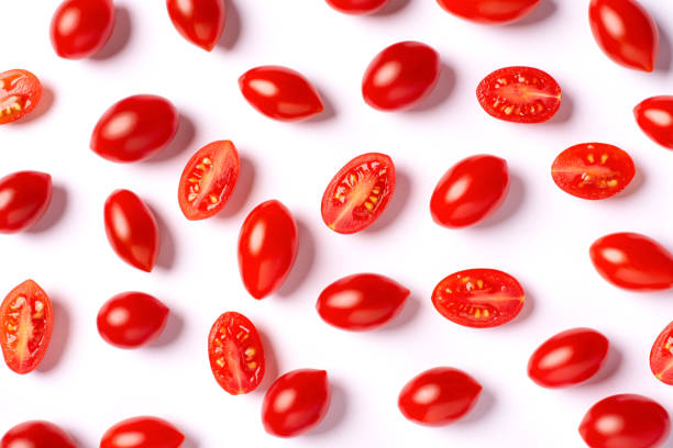 Red cherry tomato seamless texture pattern background. stock photo