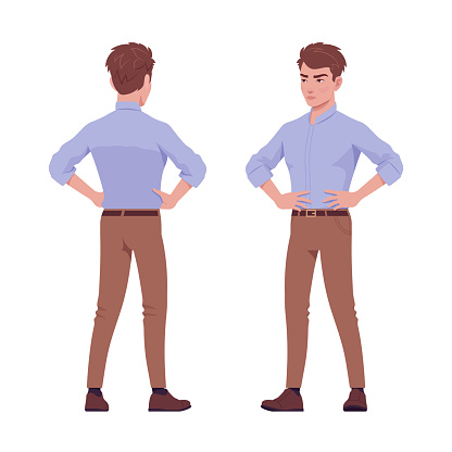 Young handsome businessman standing, confident akimbo pose, corporate trainer. Office boy, male manager in formal wear. Vector flat style cartoon character isolated on white background, front, rear