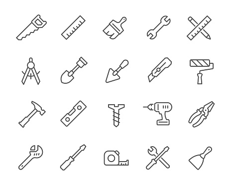 Set of Construction Tools Icons Set. Such as, Drill, Level, Wrench, Brush, Spatula, Hammer and others