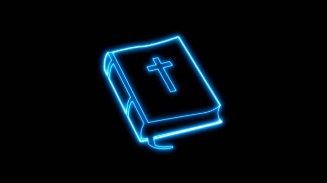 Animation of the holy bible in blue color on black background. Holy Bible icon. Religion and faith concept. Video of the Word of God. The Gospel of Jesus, the holy scriptures