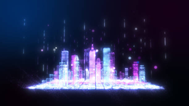 istock 3D Rendering, glow digital tablet and city wireframe in bright colorful particles, Sphere particle line rise up. Digital technology and communication concept. 1372540294