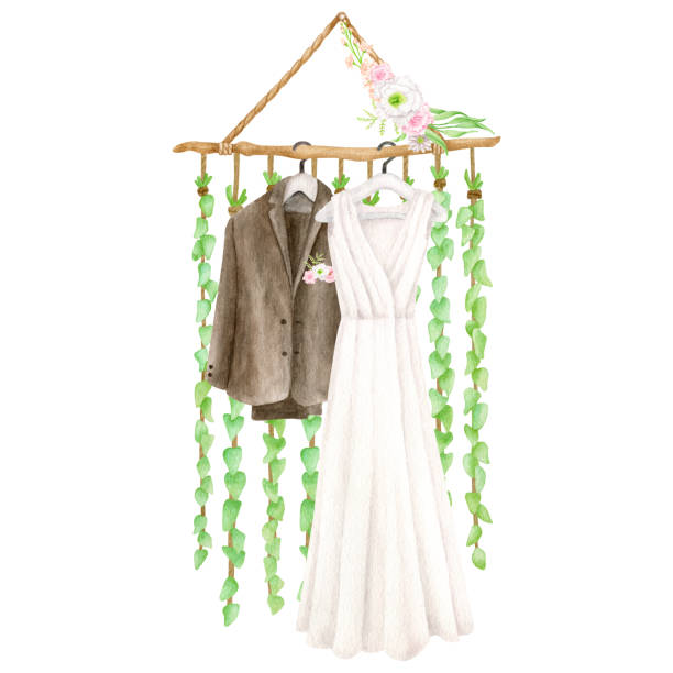 Watercolor wedding dress and suit. Hand painted white bridal dress, groom costume hanging on floral decor isolated on white. Wedding outfit illustration. Fiance gown and bridegroom tuxedo on hangers. Watercolor wedding dress and suit. Hand painted white bridal dress, groom costume hanging on floral decor isolated on white. Wedding outfit illustration. Fiance gown and bridegroom tuxedo on hangers dinner jacket stock illustrations