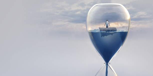 Hourglass Filled With Water and Penguin Floating on Ice