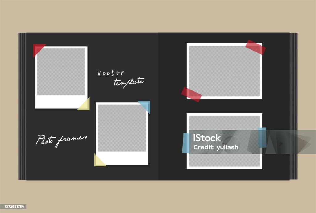 Photo Album With Black Pages And Empty Photo Frames With Sticky Tape Open  Square Scrapbooking Album Set Of Square And Horizontal Photo Cards With  Corners Vector Realistic Mockup Eps10 Stock Illustration 