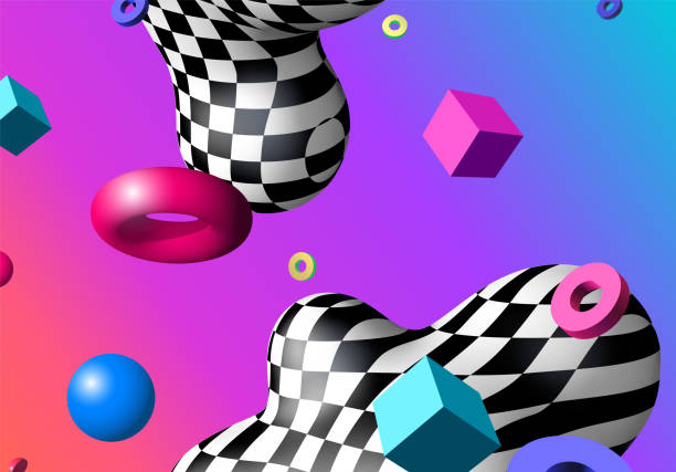 Abstract background with flying colorful 3D geometric shapes over vibrant gradient backdrop. Lush and bold colored abstraction with checkered shape in 90s style. Vector illustration Abstract background with flying colorful 3D geometric shapes over vibrant gradient backdrop. Lush and bold colored abstraction with checkered shape in 90s style. Vector illustration three dimensional chess stock illustrations
