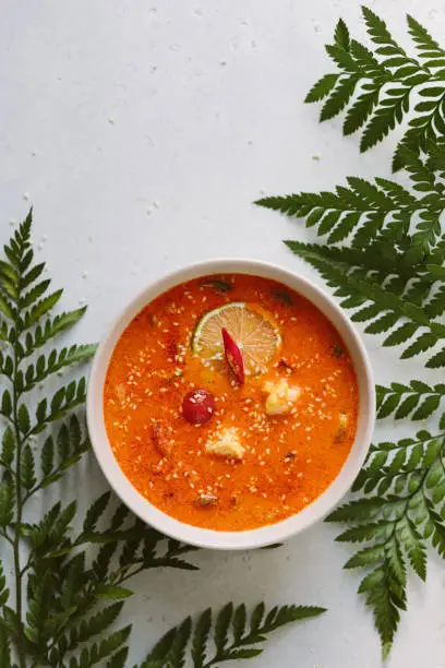 Vertical photo of spicy soup Tom yum among sprigs of greenery