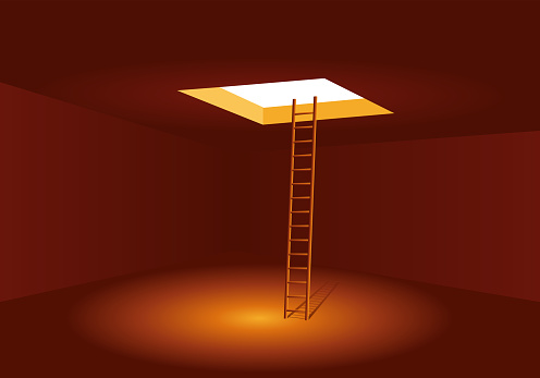 Concept of escaping from the bottom of a hole, with a ladder to escape a trap by joining the emergency exit.