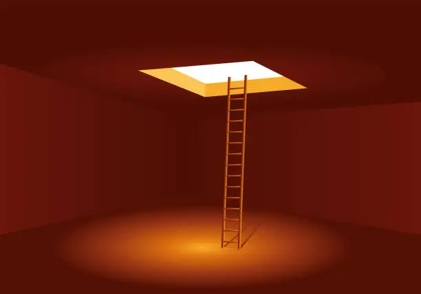 Vector illustration of Concept of escape with a ladder that allows you to get out of a hole.