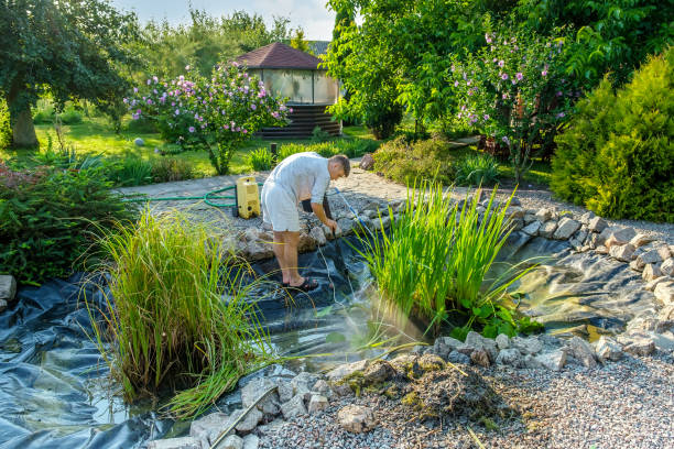 istock man cleans garden pond bottom with high-pressure washer from mud and sludge. 1372559873