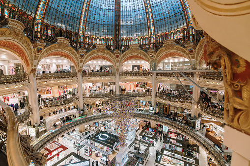 Paris, France - 14 February 2022: Interior of Galeries Lafayette department store in Paris, France