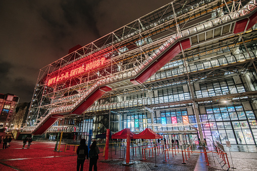 Paris, France - 14 February 2022: Centre Pompidou building in Paris, France, at night