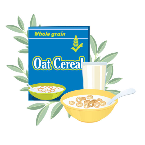 Oat Cereal and Milk On A Transparent Background Cute Illustration of a bowl of oat cereal and milk. Done in flat colors on a transparent background. File includes both an EPS vector file and a high-resolution jpg. blank cereal box clip art stock illustrations