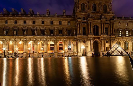 Paris, France- MAY 08, 2019:  Louvre Palace (by night). The Louvre is the biggest Museum in Paris displayed over 60 000 square meters of exhibition space