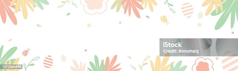 istock Happy Easter banner on white background decorated with colorful floral and leaves flat vector illustration. Horizontal pastel background design for website in  spring theme. 1372564698