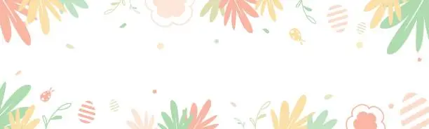Vector illustration of Happy Easter banner on white background decorated with colorful floral and leaves flat vector illustration. Horizontal pastel background design for website in  spring theme.