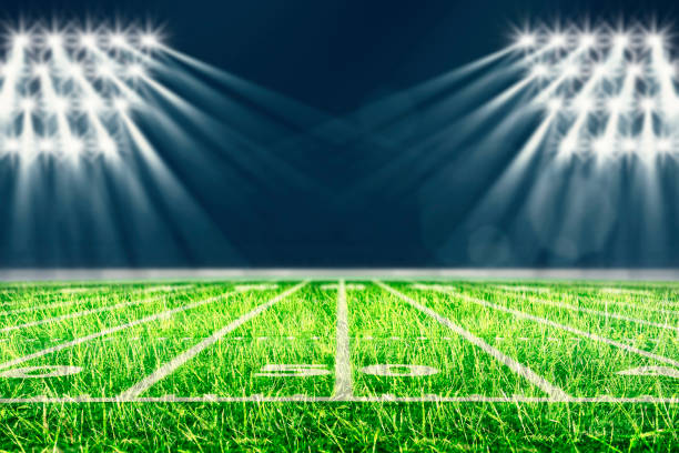 perspectiva del campo de fútbol. estadio de fútbol con líneas blancas que marcan el terreno de juego. elementos de perspectiva. campo de fútbol ragby con líneas blancas que marcan el terreno de juego. ilustración 3d. - football field artificial turf end zone turf fotografías e imágenes de stock