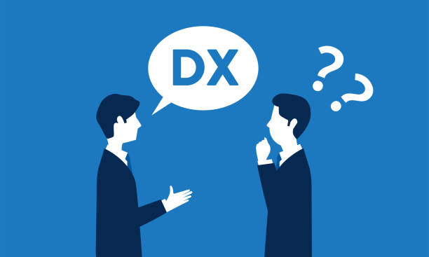 ビジネスマンは、デジタル変換を理解することはできません, 書かれた音声バブル "dx", ベクトルイラスト - dx 解決点のイラスト素材／クリップアート素材／マンガ素材／アイコン素材