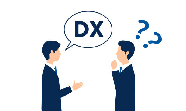 ビジネスマンは、デジタル変換を理解することはできません, 書かれた音声バブル "dx", ベクトルイラスト - dx 解決点のイラスト素材／クリップアート素材／マンガ素材／アイコン素材