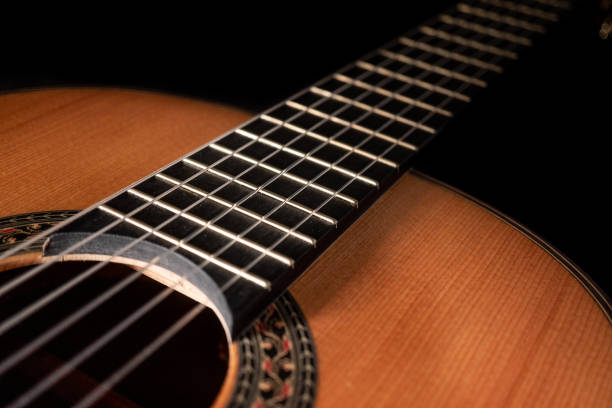 istock Classical guitar on black background. Acoustic guitar concept. 1372571231